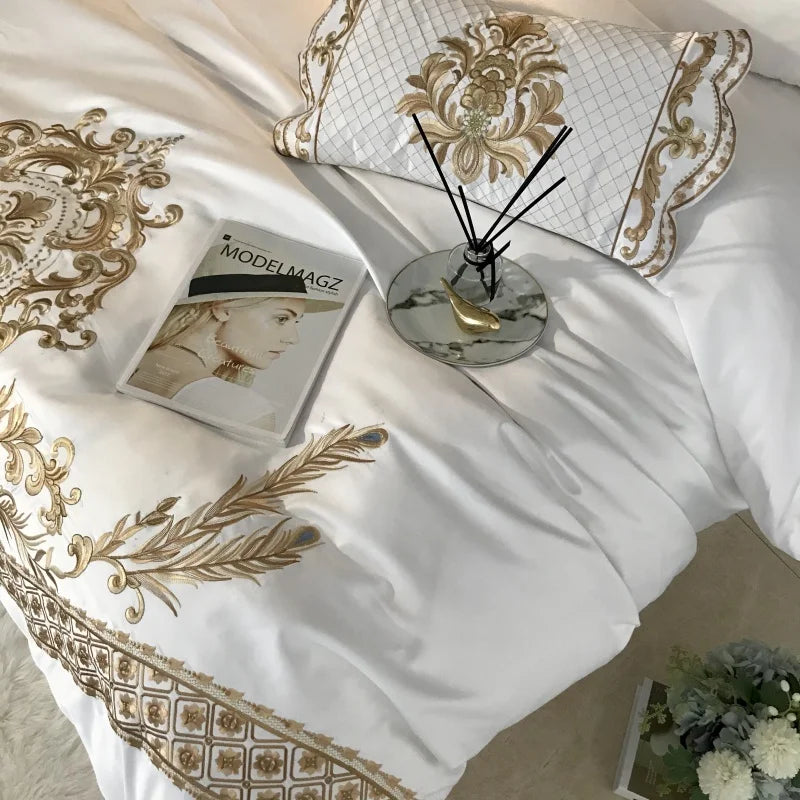 Luxury White Bedding Set, 60S Satin Cotton, Royal Gold Embroidery, Soft, Duvet Cover Set, Bed Sheet, Pillowcases, 4 Pcs, 5Pcs