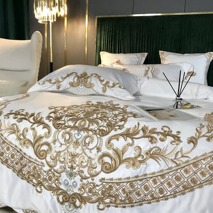 Luxury White Bedding Set, 60S Satin Cotton, Royal Gold Embroidery, Soft, Duvet Cover Set, Bed Sheet, Pillowcases, 4 Pcs, 5Pcs