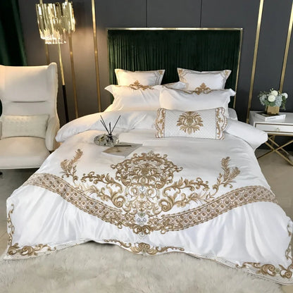 Luxury White Bedding Set, 60S Satin Cotton, Royal Gold Embroidery, Soft, Duvet Cover Set, Bed Sheet, Pillowcases, 4 Pcs, 5Pcs