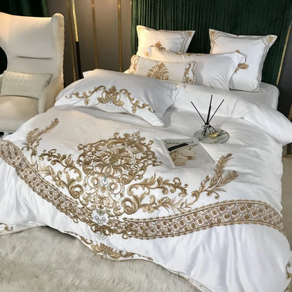 Luxury White Bedding Set, 60S Satin Cotton, Royal Gold Embroidery, Soft, Duvet Cover Set, Bed Sheet, Pillowcases, 4 Pcs, 5Pcs