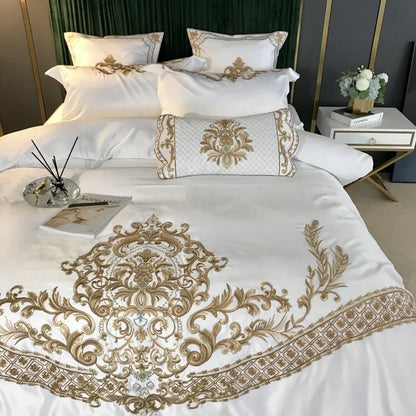 Luxury White Bedding Set, 60S Satin Cotton, Royal Gold Embroidery, Soft, Duvet Cover Set, Bed Sheet, Pillowcases, 4 Pcs, 5Pcs