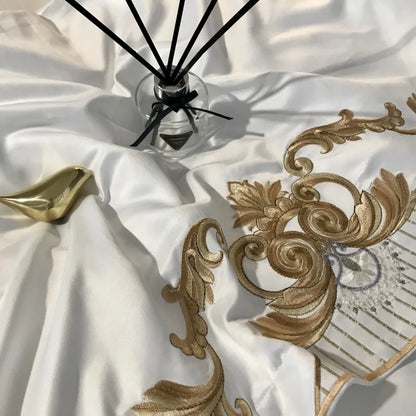 Luxury White Bedding Set, 60S Satin Cotton, Royal Gold Embroidery, Soft, Duvet Cover Set, Bed Sheet, Pillowcases, 4 Pcs, 5Pcs