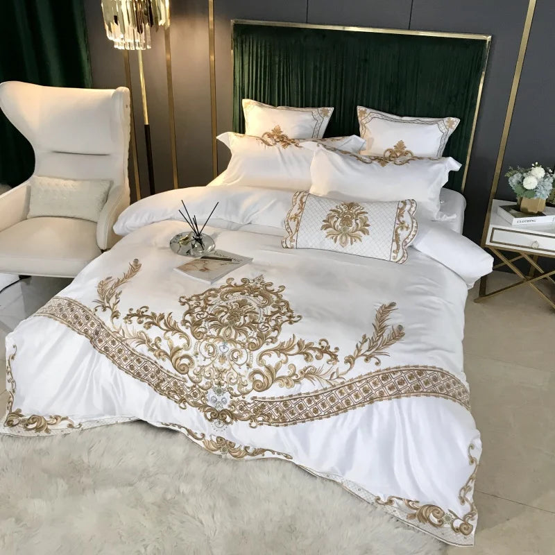 Luxury White Bedding Set, 60S Satin Cotton, Royal Gold Embroidery, Soft, Duvet Cover Set, Bed Sheet, Pillowcases, 4 Pcs, 5Pcs