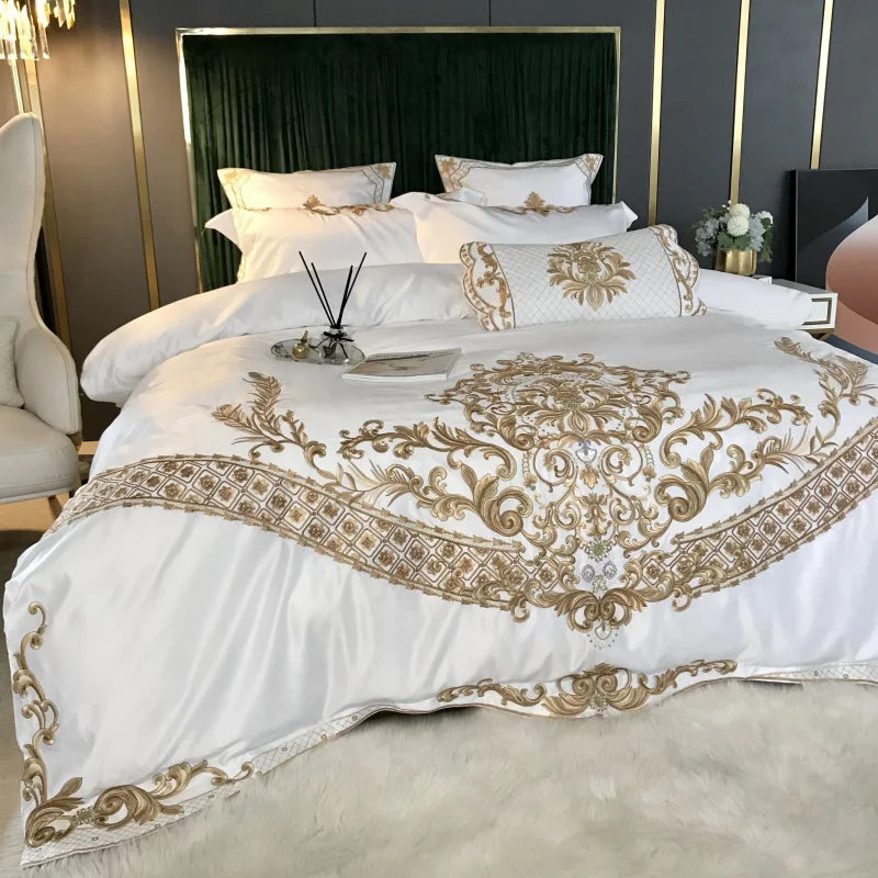 Luxury White Bedding Set, 60S Satin Cotton, Royal Gold Embroidery, Soft, Duvet Cover Set, Bed Sheet, Pillowcases, 4 Pcs, 5Pcs