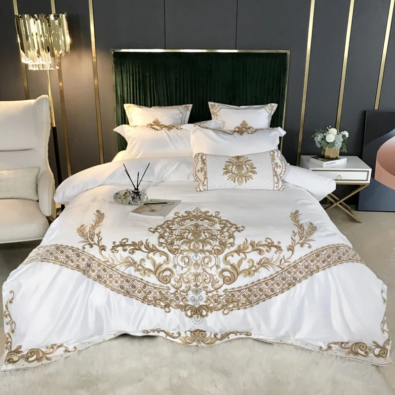 Luxury White Bedding Set, 60S Satin Cotton, Royal Gold Embroidery, Soft, Duvet Cover Set, Bed Sheet, Pillowcases, 4 Pcs, 5Pcs