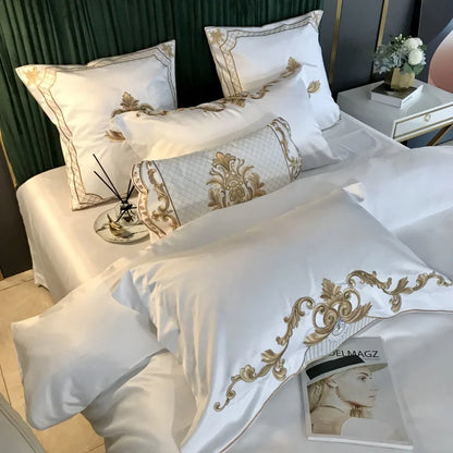 Luxury White Bedding Set, 60S Satin Cotton, Royal Gold Embroidery, Soft, Duvet Cover Set, Bed Sheet, Pillowcases, 4 Pcs, 5Pcs