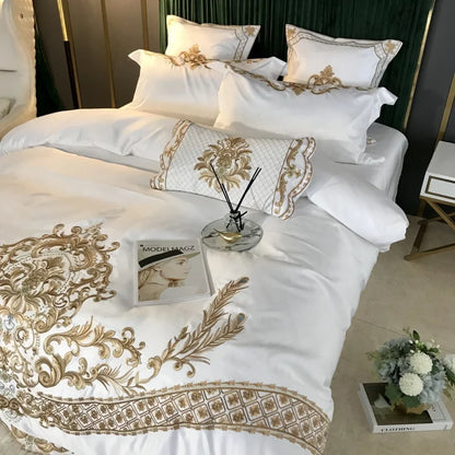 Luxury White Bedding Set, 60S Satin Cotton, Royal Gold Embroidery, Soft, Duvet Cover Set, Bed Sheet, Pillowcases, 4 Pcs, 5Pcs