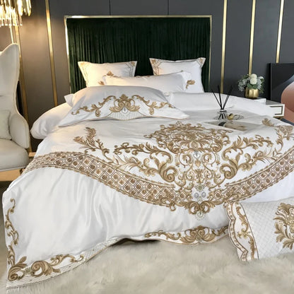 Luxury White Bedding Set, 60S Satin Cotton, Royal Gold Embroidery, Soft, Duvet Cover Set, Bed Sheet, Pillowcases, 4 Pcs, 5Pcs