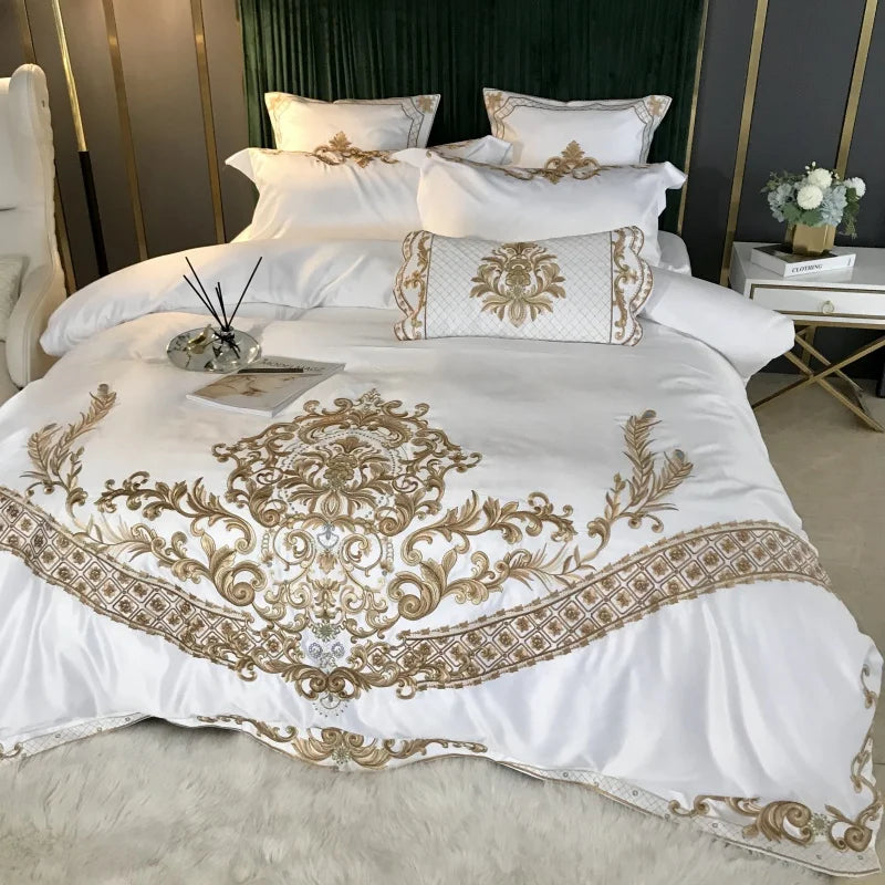 Luxury White Bedding Set, 60S Satin Cotton, Royal Gold Embroidery, Soft, Duvet Cover Set, Bed Sheet, Pillowcases, 4 Pcs, 5Pcs