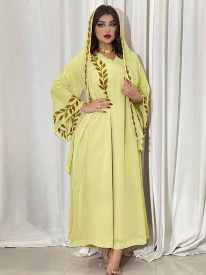 Eid Muslim Abaya for Women Embroidery Dress with Scarf 2 Piece Set Dubai Arab Long Robe Morocco Abayas Kaftan Headscarf Gorgeous