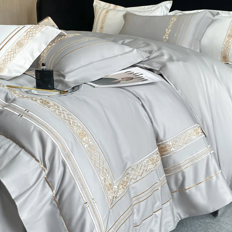 100% Egyptian Cotton Luxury Gold Embroidery Hotel Style Bedding White Grey Duvet Cover Set Fitted Sheet Bed Sheet Pillowcases