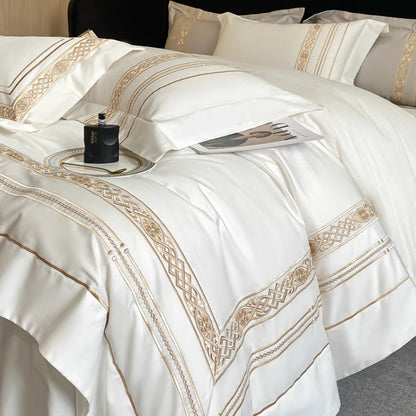 100% Egyptian Cotton Luxury Gold Embroidery Hotel Style Bedding White Grey Duvet Cover Set Fitted Sheet Bed Sheet Pillowcases