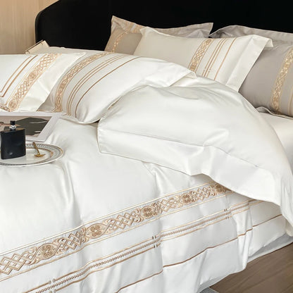 100% Egyptian Cotton Luxury Gold Embroidery Hotel Style Bedding White Grey Duvet Cover Set Fitted Sheet Bed Sheet Pillowcases